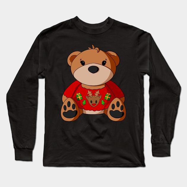 Ugly Christmas Sweater Teddy Bear Long Sleeve T-Shirt by Alisha Ober Designs